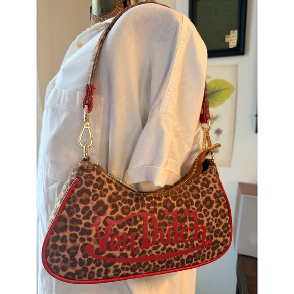 Von Dutch Handbags - Von Dutch Leopard Print Haircalf Shoulder Bag Y2K Red Trim Baguette Purse NWOT